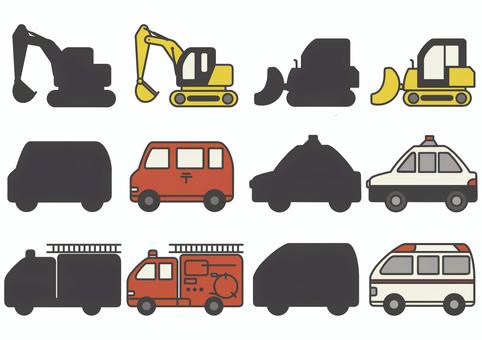 はたらく車シルエットクイズ　カラー はたらくくるま,シルエット,クイズ,ショベルカー,ブルドーザー,郵便車,パトカー,消防車,救急車,車のイラスト素材