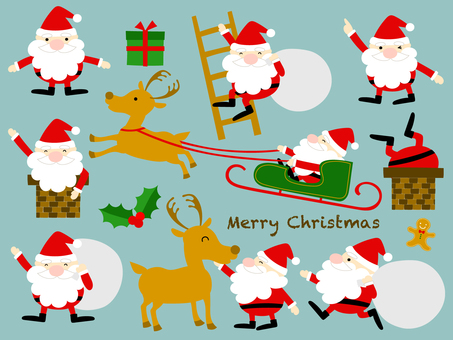 かわいいクリスマスサンタイラストセット サンタクロース,サンタ,クリスマス,トナカイ,プレゼント,はしご,えんとつ,そり,ひいらぎ,ジンジャークッキーのイラスト素材