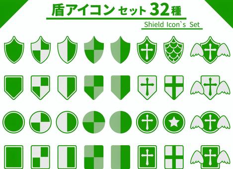 盾のアイコン詰合せ32種_緑 盾,アイコン,セット,防御,守る,保護,it,ビジネス,安全対策,防止のイラスト素材