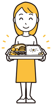  ロングヘア女性(黄)-082-全身 弁当,女性,女の子,人物,かわいい,お弁当,お弁当箱,食事,昼食,おいしいのイラスト素材
