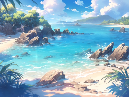 鈷藍色的大海，白色的沙灘和岩石_背景, 海, 钴蓝, 沙滩, JPG