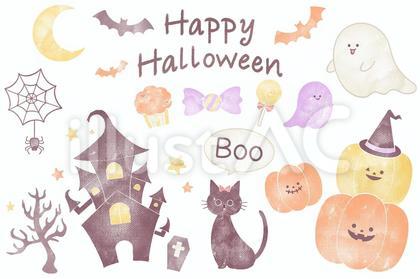 ハロウィン水彩風シルエットイラストセット