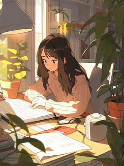 Illustration, winter vacation, home work, reading, 