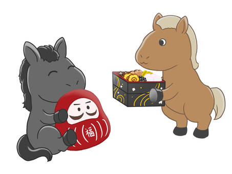 年賀状素材2 年賀状,馬,午年,正月,素材,達磨,おせち,デフォルメ,かわいい,ゆるいのイラスト素材