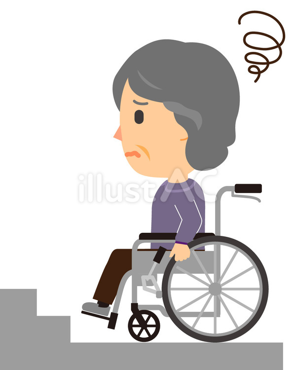 0026車いす高齢女性横顔 段差,階段,困るのイラスト素材