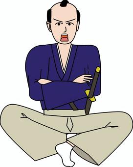 怒鳴る侍　 怒鳴る,文句,不機嫌,侍,あぐら,座る,表情,若い,刀,着物のイラスト素材