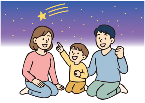 家族で天体観測で流れ星を眺める夜 人物,家族,天体観測,子供,男の子,両親,父親,母親,親子,屋外のイラスト素材