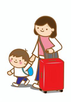 ママと息子で旅行 旅行,家族,家族旅行,里帰り,帰省,海外旅行,向かう,帰る,スーツケース,お母さんのイラスト素材