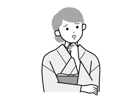 顎に手を当て首傾げる着物女性A／白黒 首,傾げる,不満,女性,お母さん,着物,講師,20代,30代,40代のイラスト素材