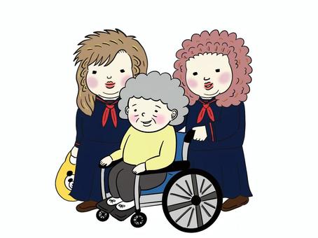 優しいヤンキー ヤンキー,車椅子,介護,おばあちゃん,スケバン,セーラー服,不良,女子高生,老人のイラスト素材