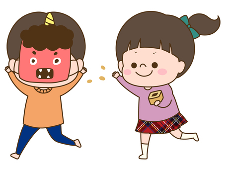 冬の人物イラスト＜2月・節分の日＞ 節分,2月,日本,文化,年中行事,イベント,冬,鬼,豆まき,豆のイラスト素材