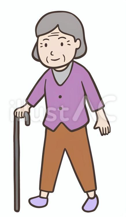 杖をついて歩くお婆さん 女性,笑顔,人物のイラスト素材