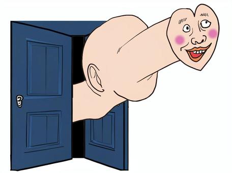 Peeking through the door, a face with a heart popping out, door, look in, heart, JPG and PNG