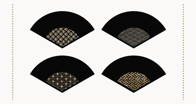 和柄とゴールドの黒扇子デザインセット 扇子,和柄,七宝,青海波,麻の葉,紗綾形,ゴールド,金,黒,ブラックのイラスト素材