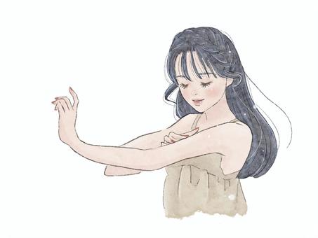 ボディクリームを塗る女性(黒髪) 女性,可愛い,美容,大人女子,大人可愛い,ボディケア,ボディローション,ボディクリーム,スキンケア,日焼け止めのイラスト素材