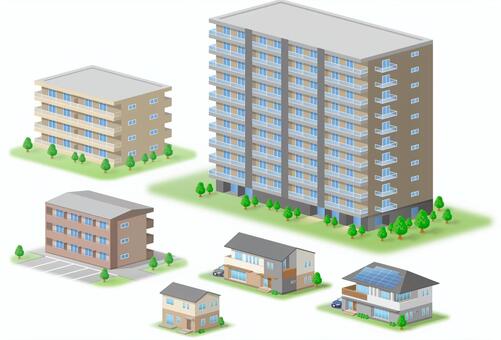 住宅・マンションセット 住宅,マンション,一戸建て,建物,建築,不動産,街並み,タワーマンション,高層マンション,アパートのイラスト素材