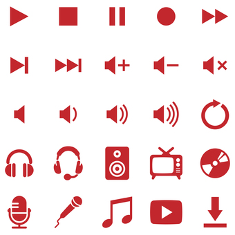 マルチメディアのアイコンセット 赤 アイコンセット,マルチメディア,テレビ,スピーカー,マイク,cd,ヘッドホン,ダウンロード,再生,音量のイラスト素材