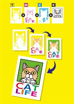 4色印刷の説明図_Y 印刷,プリント,cmyk,オフセット印刷,4色,4色印刷,多版刷り,4色版,ymck,猫のイラスト素材