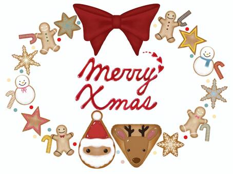 クッキーとベリーソースのクリスマスリース メリークリスマス,リース,クッキー,ベリーソース,サンタ,カモシカ,雪だるま,雪の結晶,星,リボンのイラスト素材