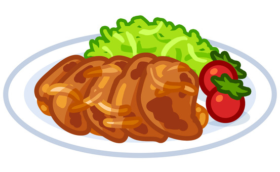 豚の生姜焼きのイラスト 豚の生姜焼き,豚肉,ご飯,おかず,食事,食品,昼食,晩御飯,夕飯,家庭料理のイラスト素材