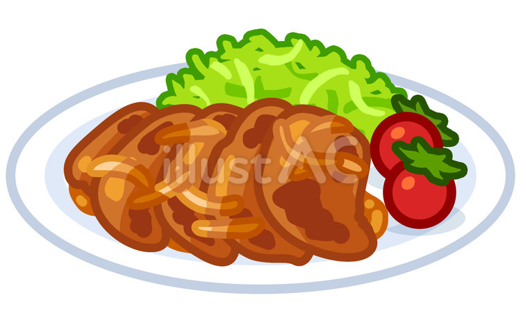 豚の生姜焼きのイラスト 豚の生姜焼き,豚肉,ご飯のイラスト素材