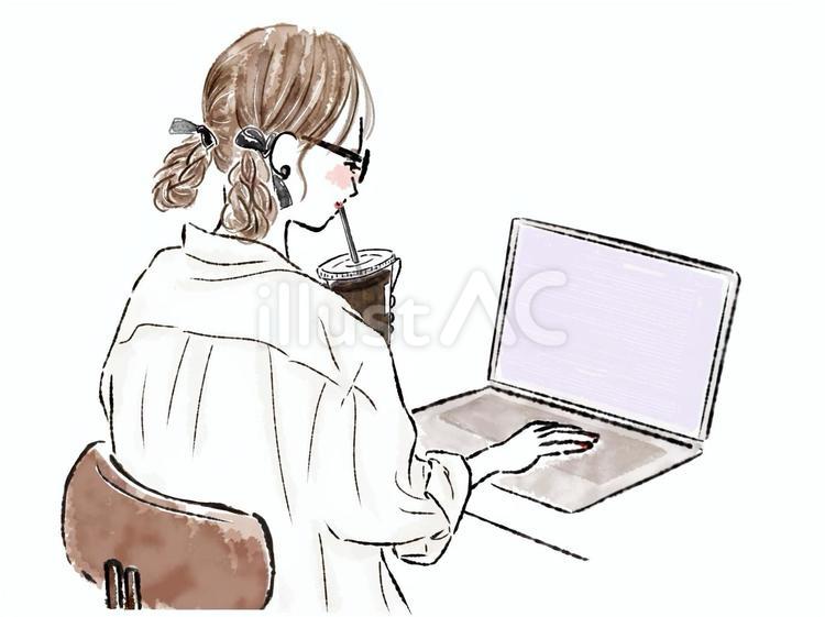 PC作業のみつあみのシャツの女性　仕事 女性,pc,仕事のイラスト素材