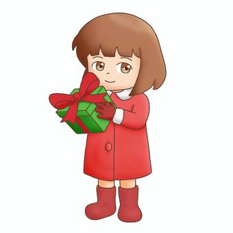 プレゼントを持つ女の子（冬のイラスト） 女の子,子ども,冬,冬服,コート,ブーツ,プレゼント,ギフト,クリスマス,ほのぼののイラスト素材