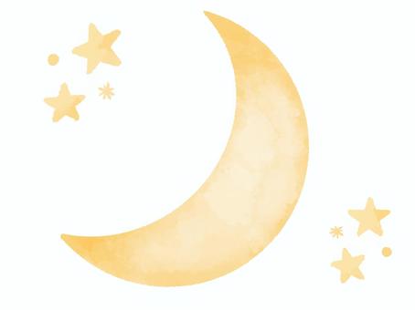 【水彩風手描き】黄色い三日月と星 【水彩風手描き】黄色い三日月と星 三日月,月,クレセントムーン,星,スター,黄,水彩風,手描き,シンプルのイラスト素材