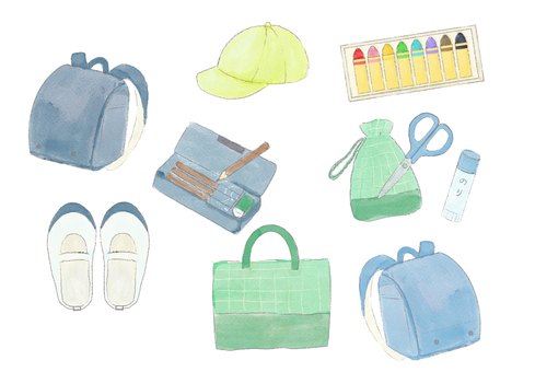 水彩風入園入学セット（青系） 入園準備,ランドセル,道具袋,のり,入学準備,新学期,はさみ,クレヨン,上履き,帽子のイラスト素材