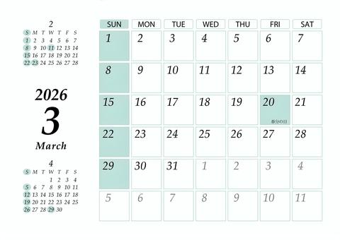 2026 3月 日曜始 カレンダー 横 カレンダー,2026年,2026,令和8,r8,3月,3,march,a4,マンスリーのイラスト素材