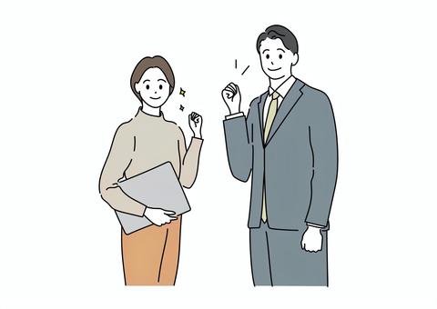 ガッツポーズをするビジネスパーソン男女 ガッツポーツ,頑張る,ビジネスパーソン,ビジネス,パソコン,グー,スーツ,仕事,仕事仲間,チームのイラスト素材