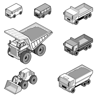 アイソメトリックな工事車両_モノクロ トラック,ダンプ,車両,ホイールローダー,作業車,荷台,工事,建設,重機,はたらくのイラスト素材