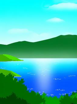 山並みと湖 湖畔,湖,山並み,自然,山,景色,風景,森,青空,樹木のイラスト素材