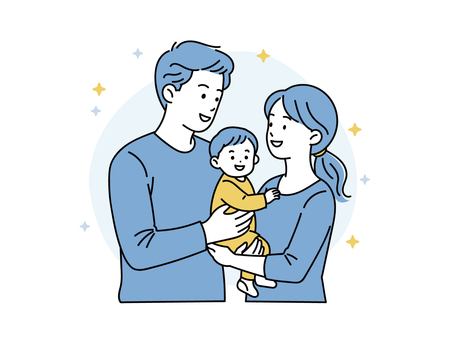 笑顔で赤ちゃんを抱く夫婦 若夫婦,シンプル,カラー,白背景,夫婦,家族,赤ちゃん,新生児,親子,パパのイラスト素材