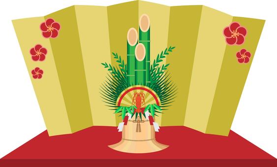 門松と金屏風 年賀状,門松,金屏風,元旦,１月,和風,新年,和,年始,梅のイラスト素材