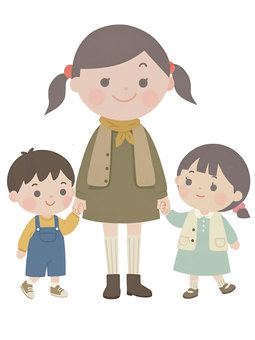 人物素材159＿仲良し兄弟 子ども,お姉ちゃん,妹,弟,仲良し,手をつなぐ,散歩,兄弟,姉妹,人物のイラスト素材