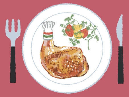 クリスマスディナー　赤　背景 クリスマス,チキン,ローストチキン,ディナー,フォーク,ナイフ,お皿,レストラン,シンプル,広告のイラスト素材