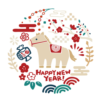 2026年午年用和柄と馬イラスト和カラー