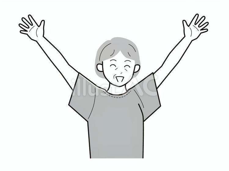 両手を上にあげ笑顔のシニア女性／白黒 上半身,半袖,両手のイラスト素材