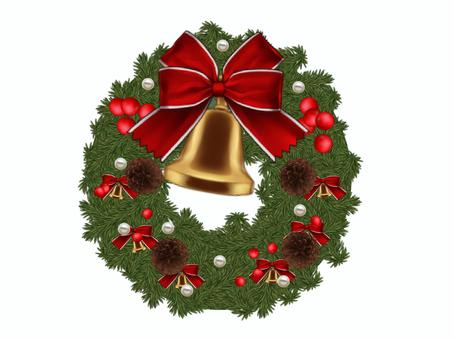 クリスマスのベル付きリース クリスマス,リース,ベル,リボン,松ぼっくり,赤い実,装飾,冬,お祝い,デコレーションのイラスト素材