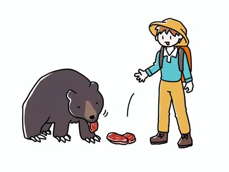熊に餌付けする人 熊に餌付けする人 人,登山客,男性,レジャー,熊,餌付け,食べる,肉,無謀,迷惑行為のイラスト素材