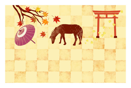 ハガキ(紅葉と鳥居と馬) ハガキ(紅葉と鳥居と馬) 馬,シンプル,和,和風,和柄,鳥居,素材,テンプレート,はがき,ポストカードのイラスト素材