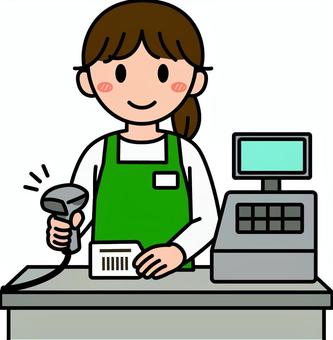 レジ担当の緑のスタッフです。 レジ,担当,スタッフ,シンプル,店員,操作,会計,接客,販売員,レジ打ちのイラスト素材