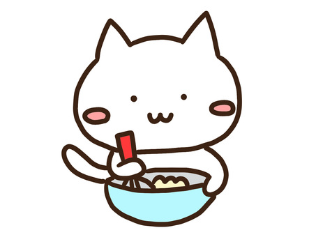 お菓子作り・料理をするかわいい白ねこ お菓子作り,料理,クッキング,動物,ねこ,かわいい,手書き,お菓子,泡だて器,ボウルのイラスト素材