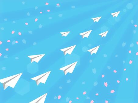 紙飛行機と桜の花びら01 紙飛行機,空,桜,花びら,晴れ,晴天,春,イラスト,素材のイラスト素材