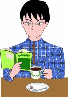 男性　若者　読書　コーヒー 男性,若者,読書,コーヒー,リラックス,プライベート,眼鏡のイラスト素材