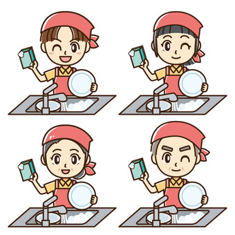 お皿洗いの老若男女セット エプロン,男女,男性,女性,皿洗い,調理,キッチン,三角巾,笑顔,ウインクのイラスト素材