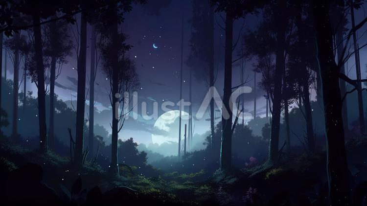 森と夜空のアニメ背景 森,木,夜空のイラスト素材