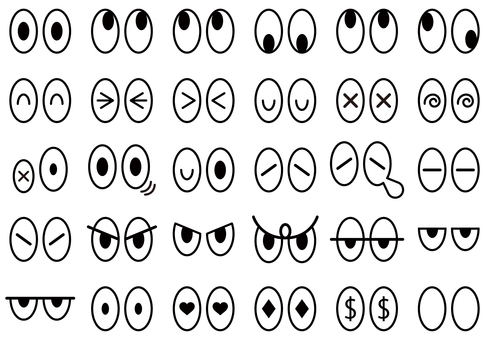 色々な表情のキャラクターの目2 目,表情,感情,キャラクター,アニメ,漫画,セット,シンプル,白目,黒目のイラスト素材