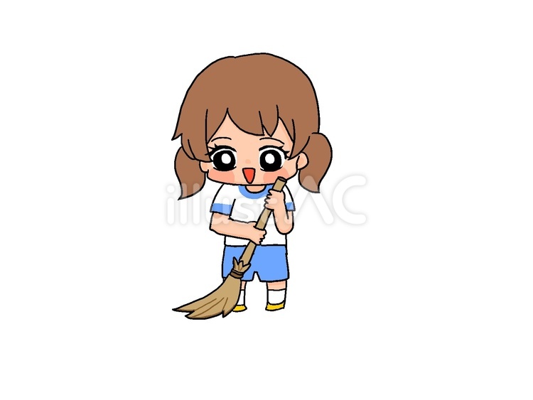 ほうき(体操服)１ 手描き,女の子,茶髪のイラスト素材